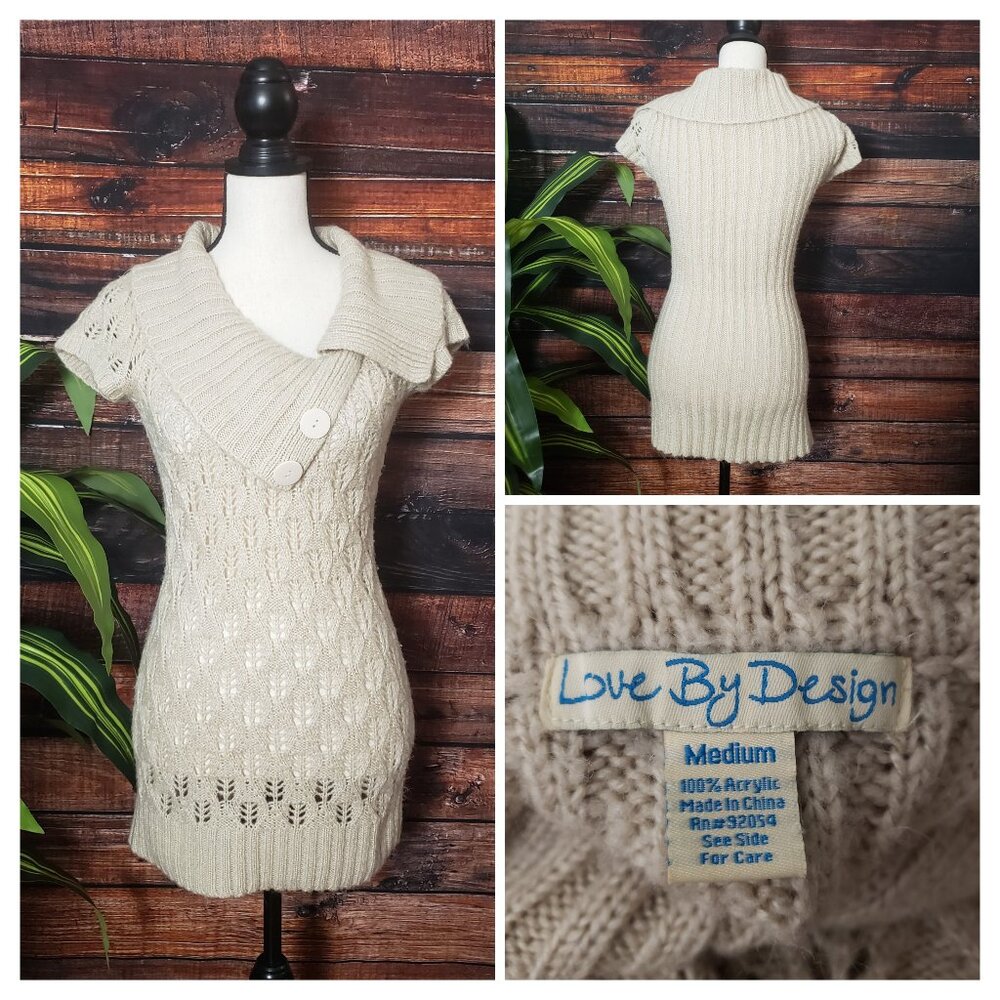 Love By Design Top M Cream Crochet Short Sleeve Sweater Cowl Neck Open Knit